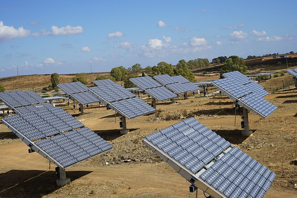 Rows of photovoltaic solar panels at a solar demonstration platform in Alcoutim, Portugal
