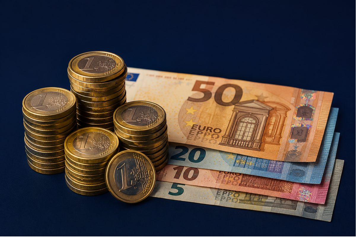 Stacks of euro coins beside euro banknotes