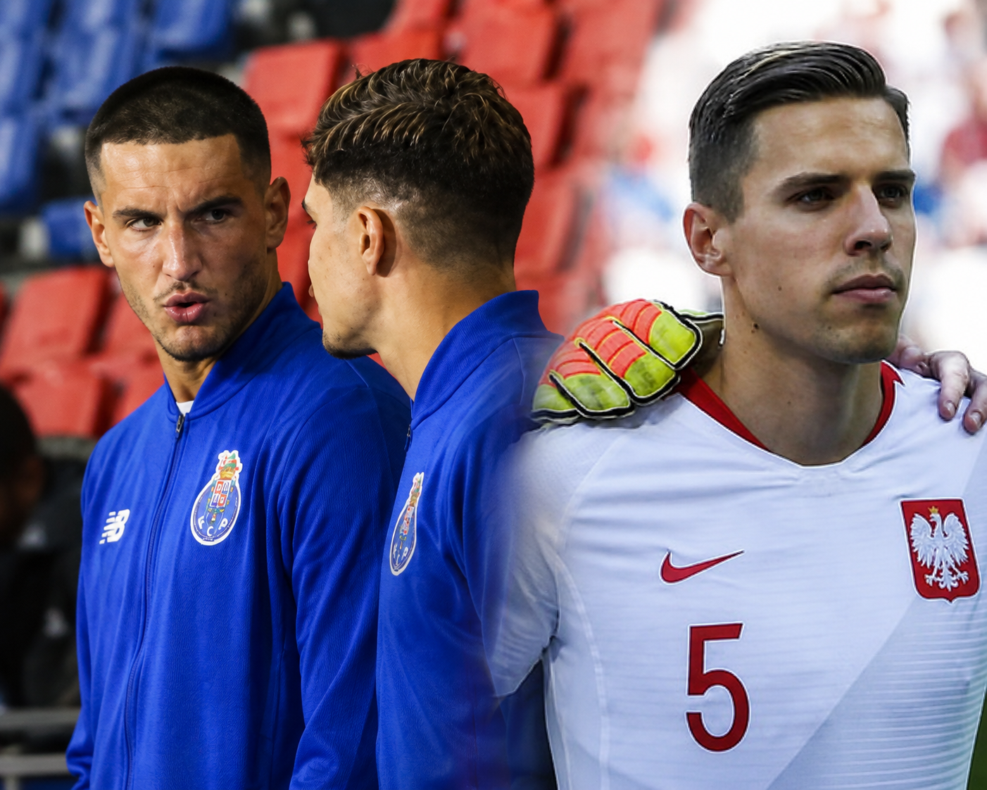 Composite image of FC Porto players in club training jackets alongside Jan Bednarek in a Poland national team kit