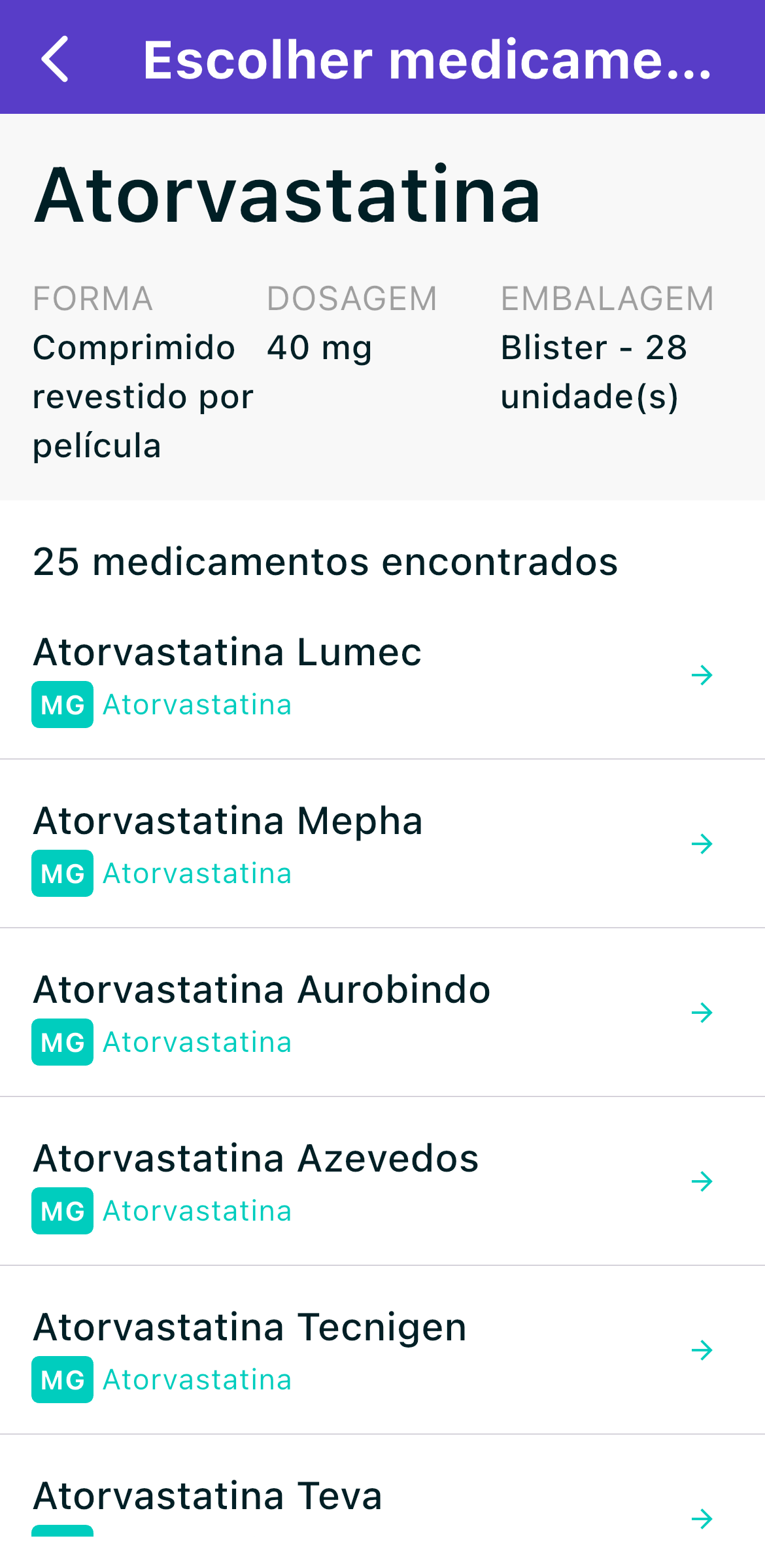 Poupe na Receita app screen listing 25 available versions of Atorvastatina