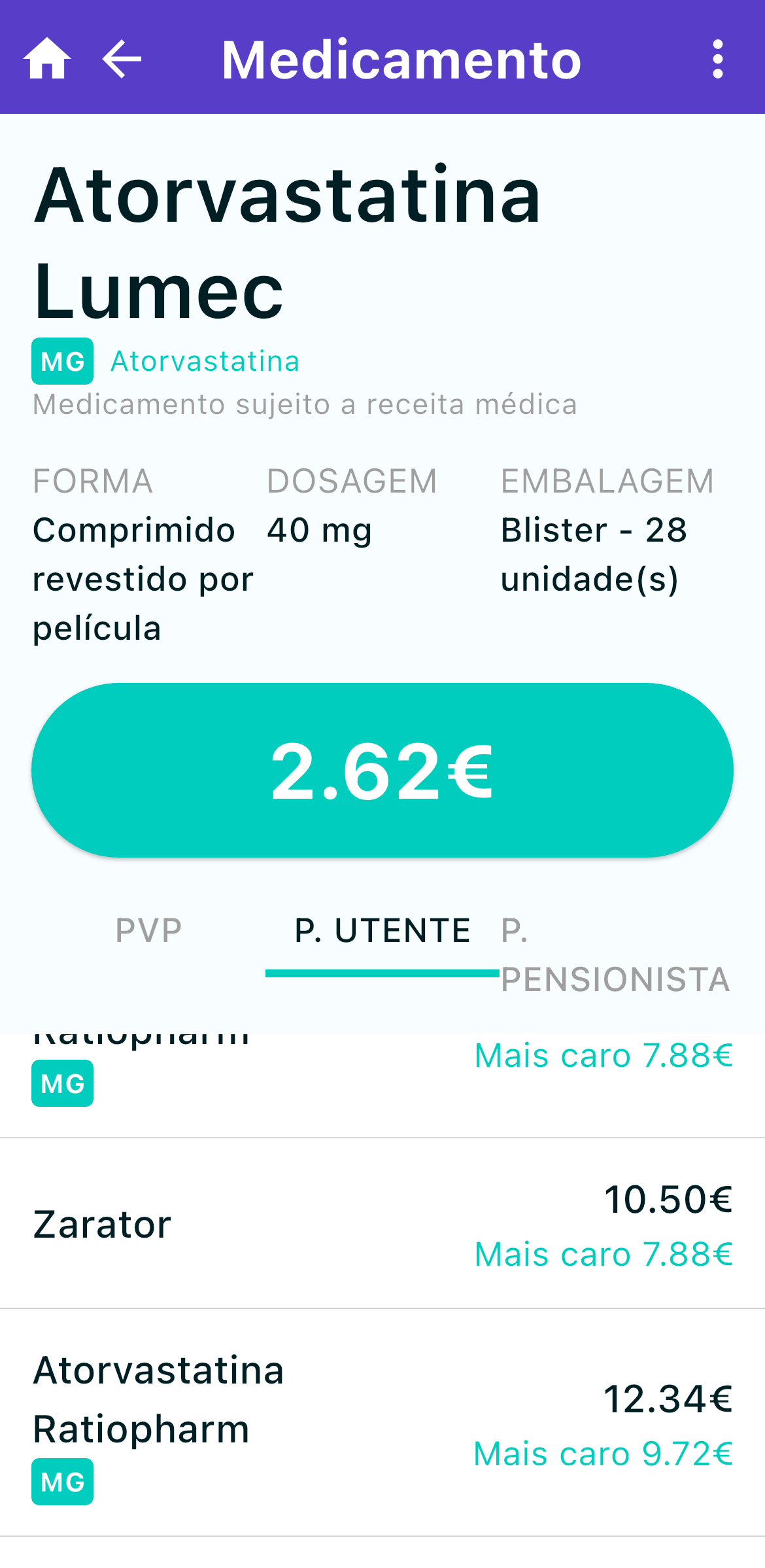 Poupe na Receita app screen showing Atorvastatina Lumec priced at 2.62 euros against pricier brand alternatives